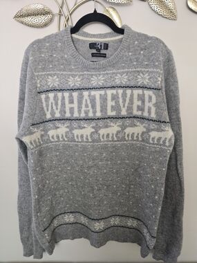 Le 31 Simons Lambs Wool Grey Crewneck Sweater with White 'WHATEVER' Motif Size L